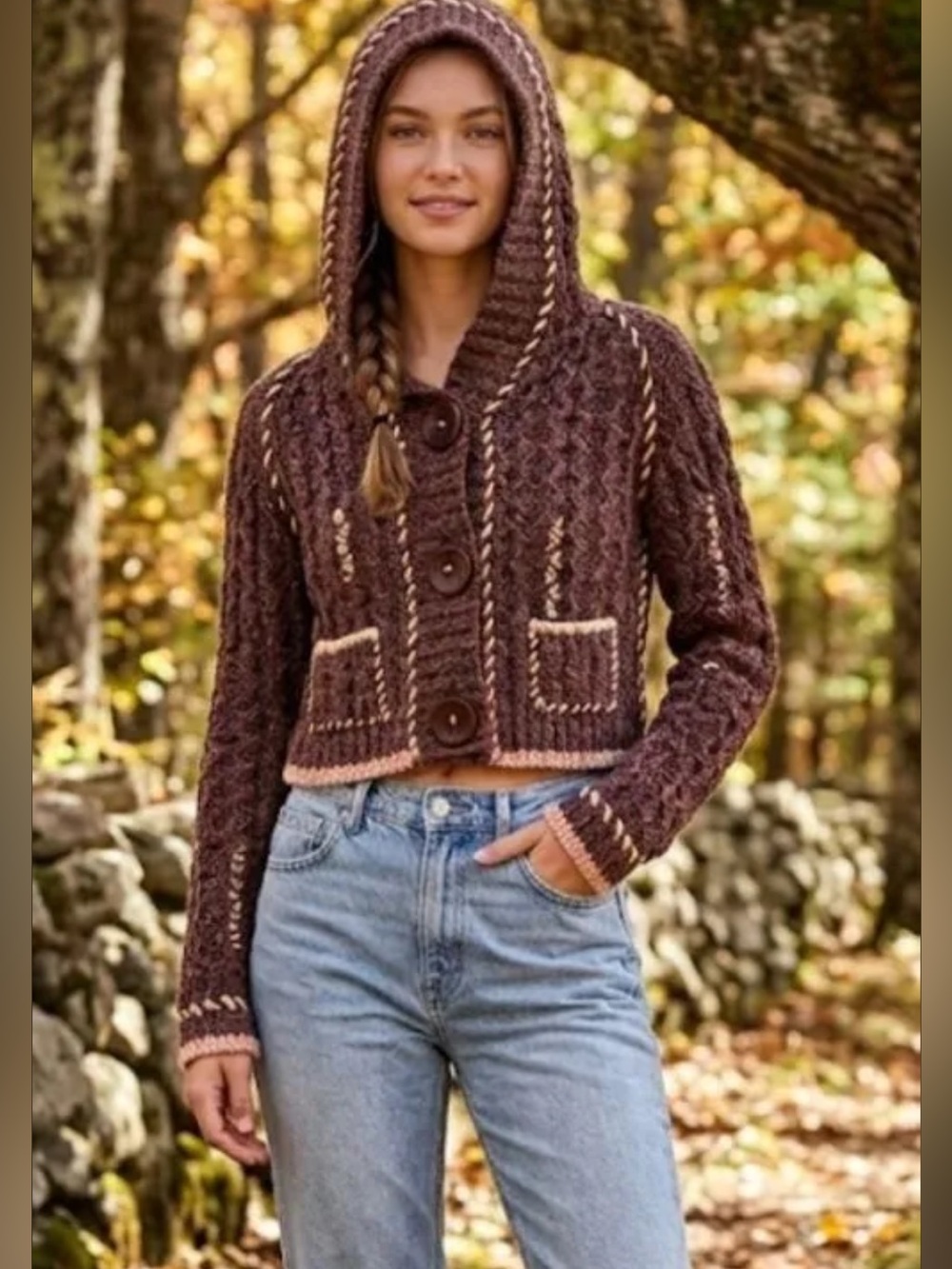 Free People Chunky Cable Knit Hooded Cardigan Cropped Brown Alpaca Blend S